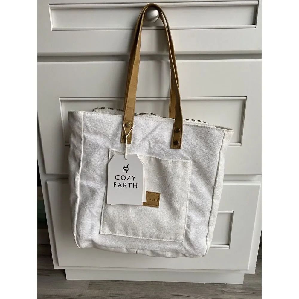Cozy Earth Tote Storage Bag White Canvas Handbag Shoulder Strap Case